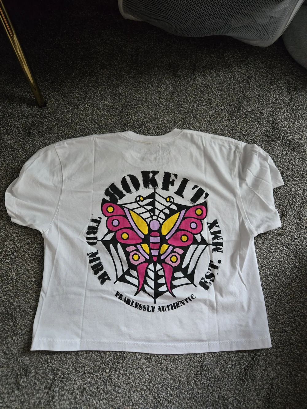 Rokfit White Crop Top with Pink Butterfly Graphic